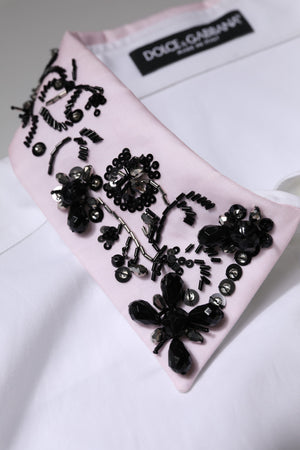 White Embellished Collared Dress Shirt Top