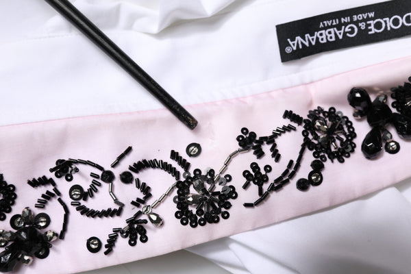 White Embellished Collared Dress Shirt Top