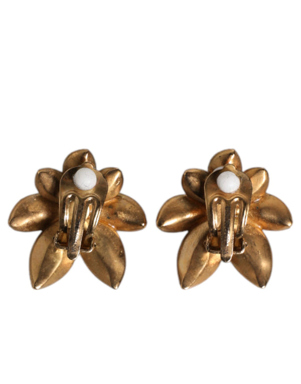 Gold Brass Purple Flower-Shaped Crystals Clip On Earrings