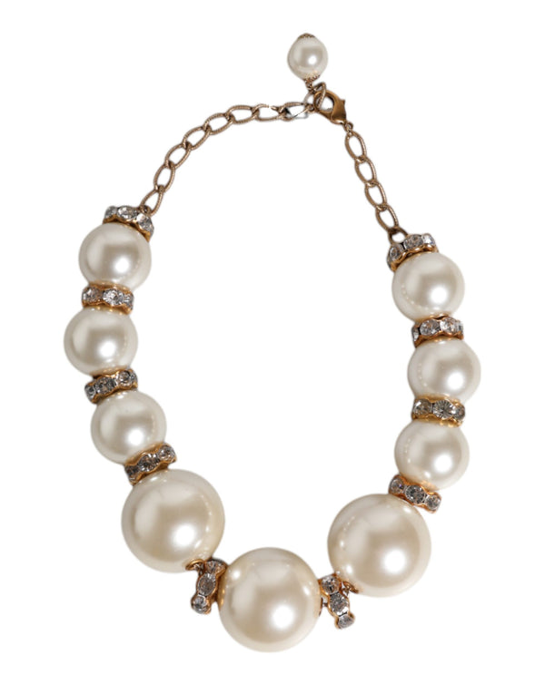 White Maxi Faux Pearl Beads Crystals Gold Chain Necklace