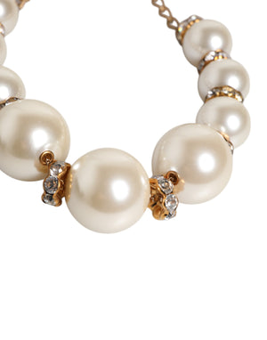 White Maxi Faux Pearl Beads Crystals Gold Chain Necklace