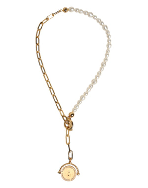 Gold Chain Brass Faux Pearl Charm Logo Pendant Necklace
