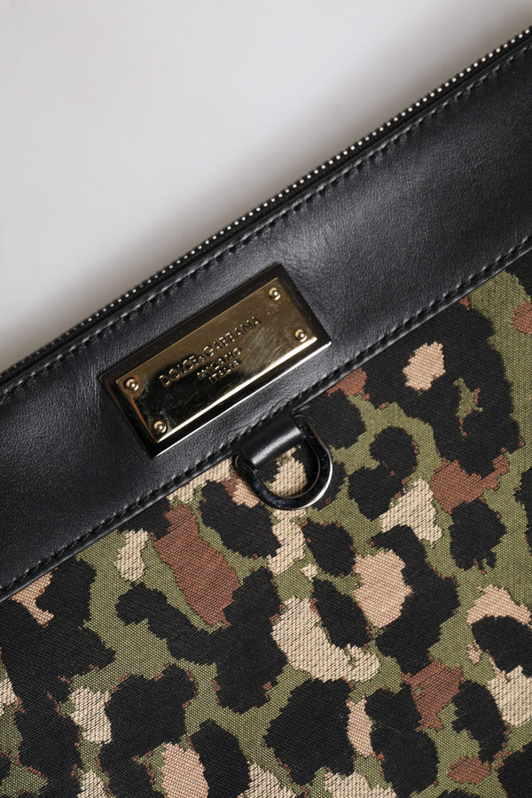 Multicolor Leopard Jacquard Print Logo Plaque Pouch Bag