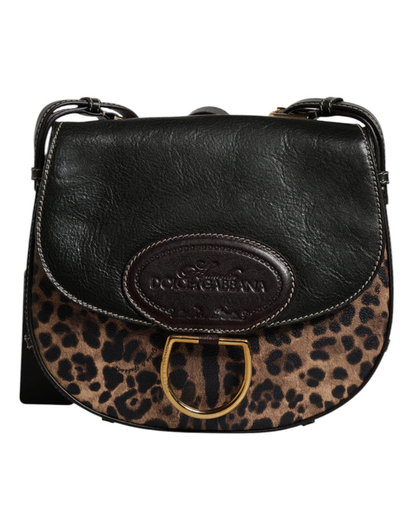 Black Brown Leopard Leather Shoulder Strap Bag
