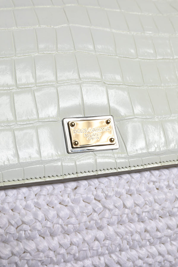 White Rafia Leather Top Handle Crossbody Bag