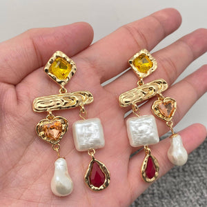 Multicolor Gem & Pearl Statement Drop Earrings