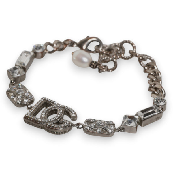 Silver Brass Crystal DG Logo Charm Embellished Bracelet