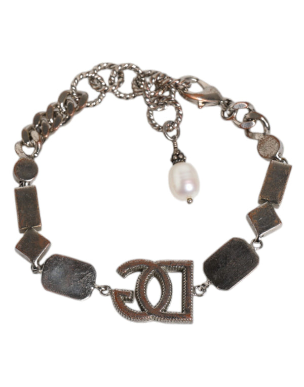 Silver Brass Crystal DG Logo Charm Embellished Bracelet