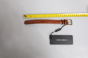 Brown Textured Leather Gold Metal Buckle Armband