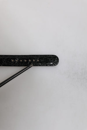 Black Exotic Leather Gold Tone Metal Buckle Armband