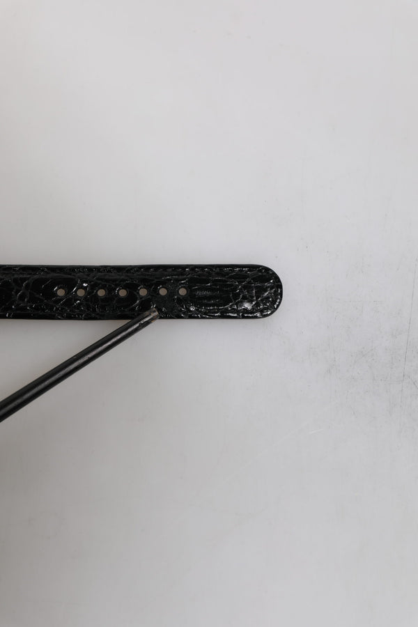 Black Exotic Leather Gold Tone Metal Buckle Armband