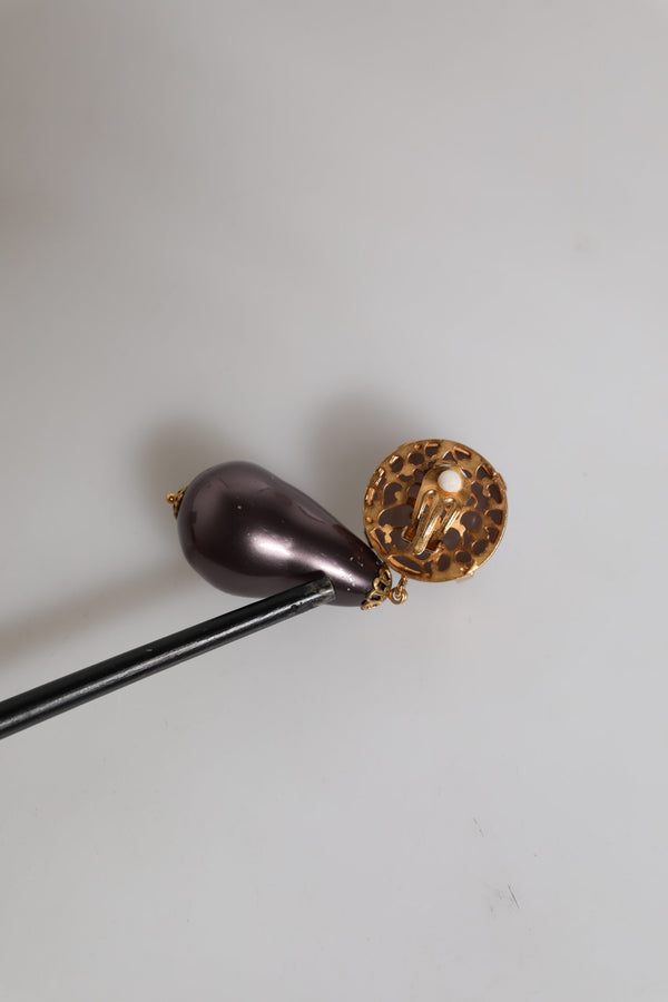 Gold Brass Black Pearl Clip On Dangling Jewelry Earrings