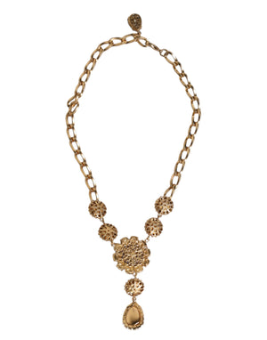 Gold Brass Floral Crystals Pearl Embellished Necklace
