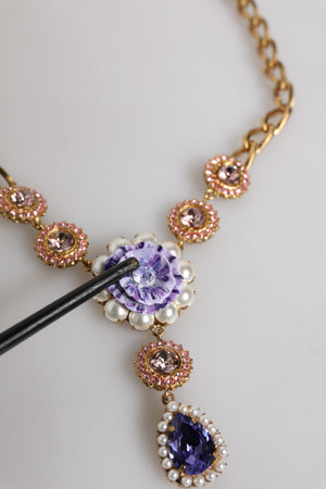 Gold Brass Floral Crystals Pearl Embellished Necklace