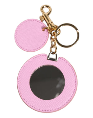 Pink Calf Leather Gold Metal Logo Print Keyring Keychain