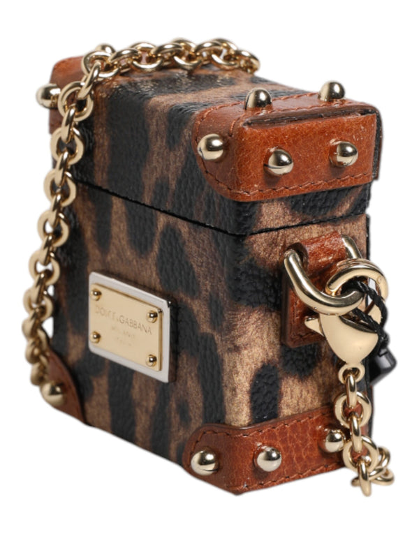 Brown Leopard Metal Logo Plaque Gold Chain Airpods Case