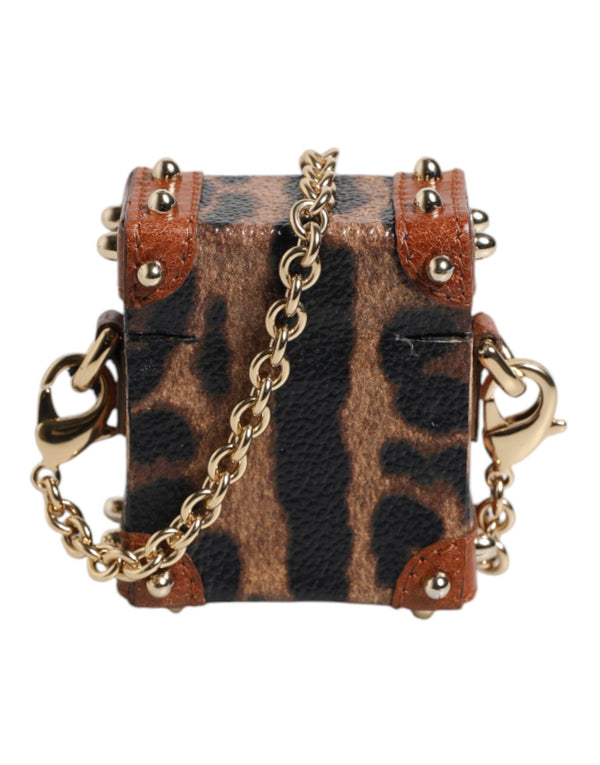 Brown Leopard Metal Logo Plaque Gold Chain Airpods Case