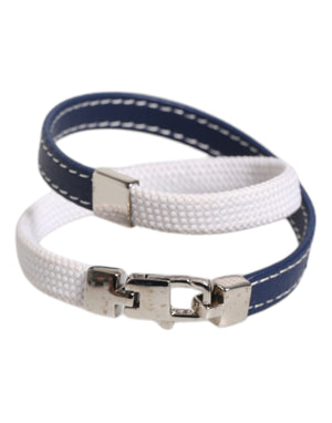 Blue White Leather Trimmed DG Engraved Silver Tone Clasp Bracelet