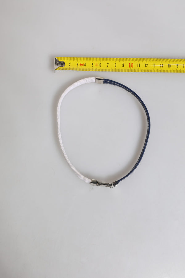 Blue White Leather Trimmed DG Engraved Silver Tone Clasp Bracelet