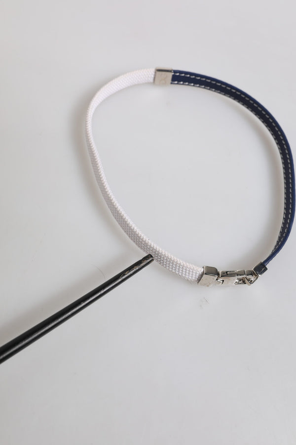 Blue White Leather Trimmed DG Engraved Silver Tone Clasp Bracelet