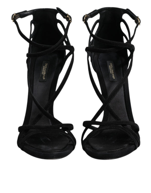 Black Leather Stiletto Heels Sandals Shoes