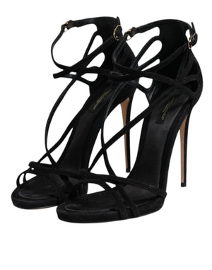 Black Leather Stiletto Heels Sandals Shoes