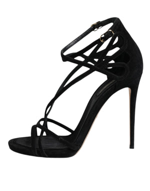 Black Leather Stiletto Heels Sandals Shoes