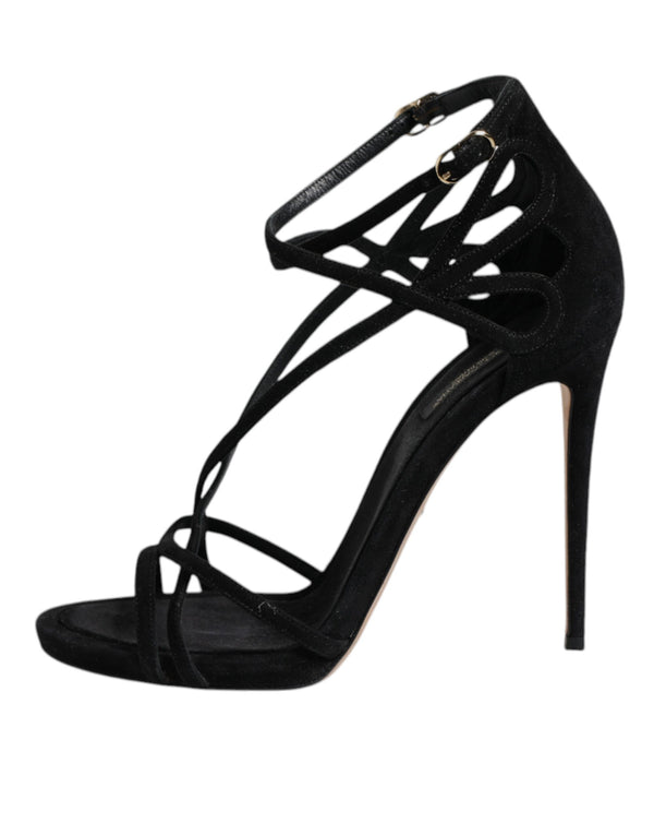 Black Leather Stiletto Heels Sandals Shoes