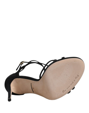 Black Leather Stiletto Heels Sandals Shoes