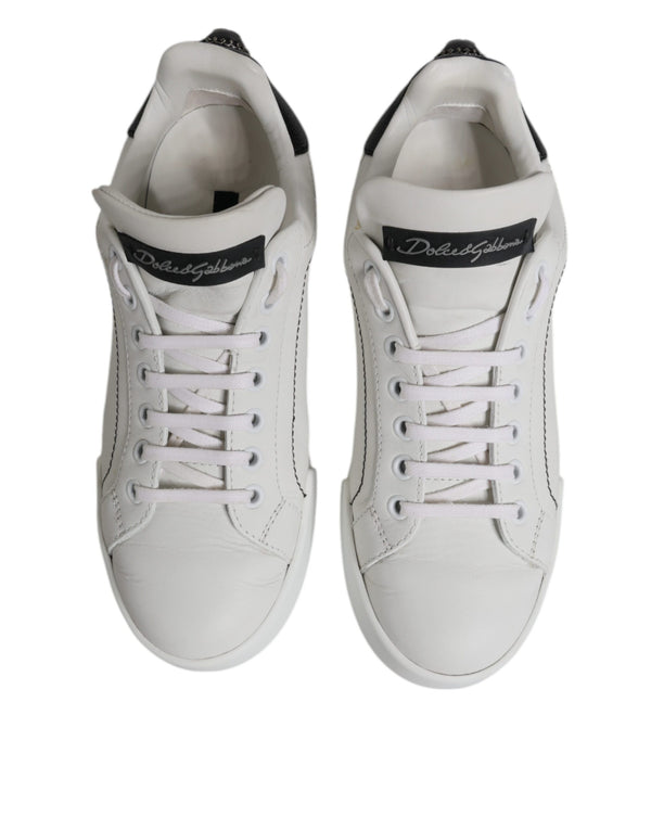 White Black Leather Low Top Sneakers Shoes