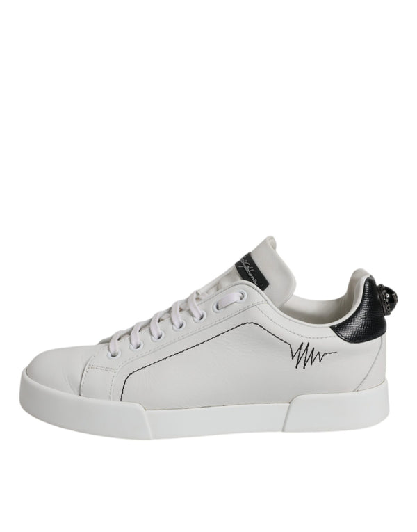 White Black Leather Low Top Sneakers Shoes