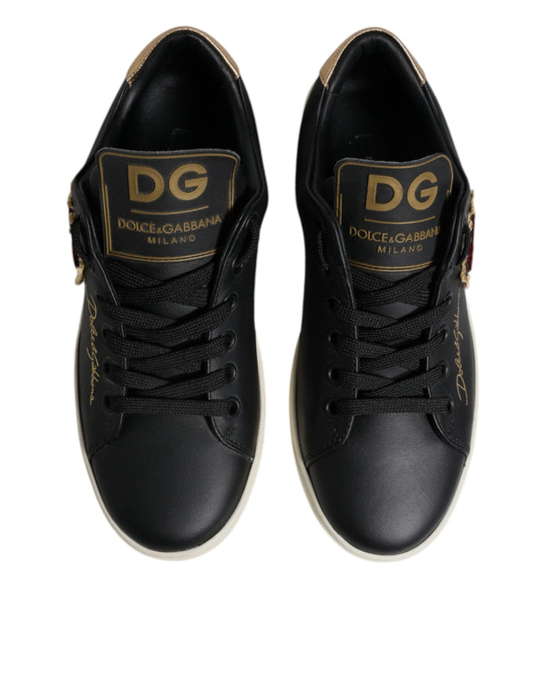 Black Leather Gold Red Heart Sneakers Shoes