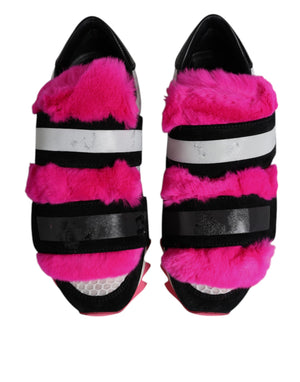 Black Pink Fur Embellished Sneakers Shoes