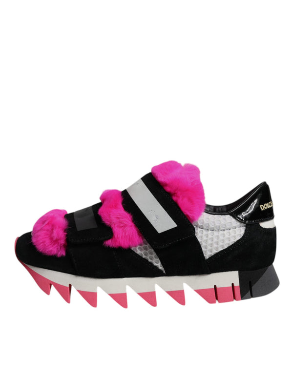 Black Pink Fur Embellished Sneakers Shoes