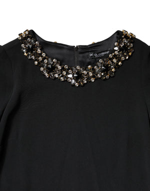 Black Crystal Embellished Round Neck Mini Dress