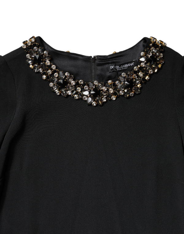 Black Crystal Embellished Round Neck Mini Dress