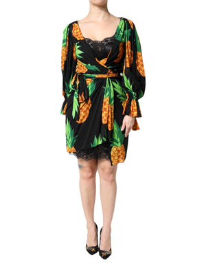 Black Silk Pineapple Draped Print Wrap Dress