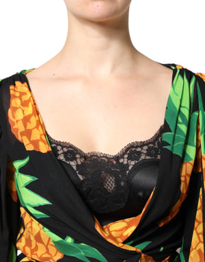 Black Silk Pineapple Draped Print Wrap Dress