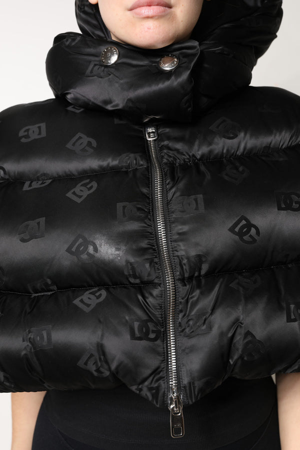 Black Padded Puffer Hooded Full Zip Cropped Jacket