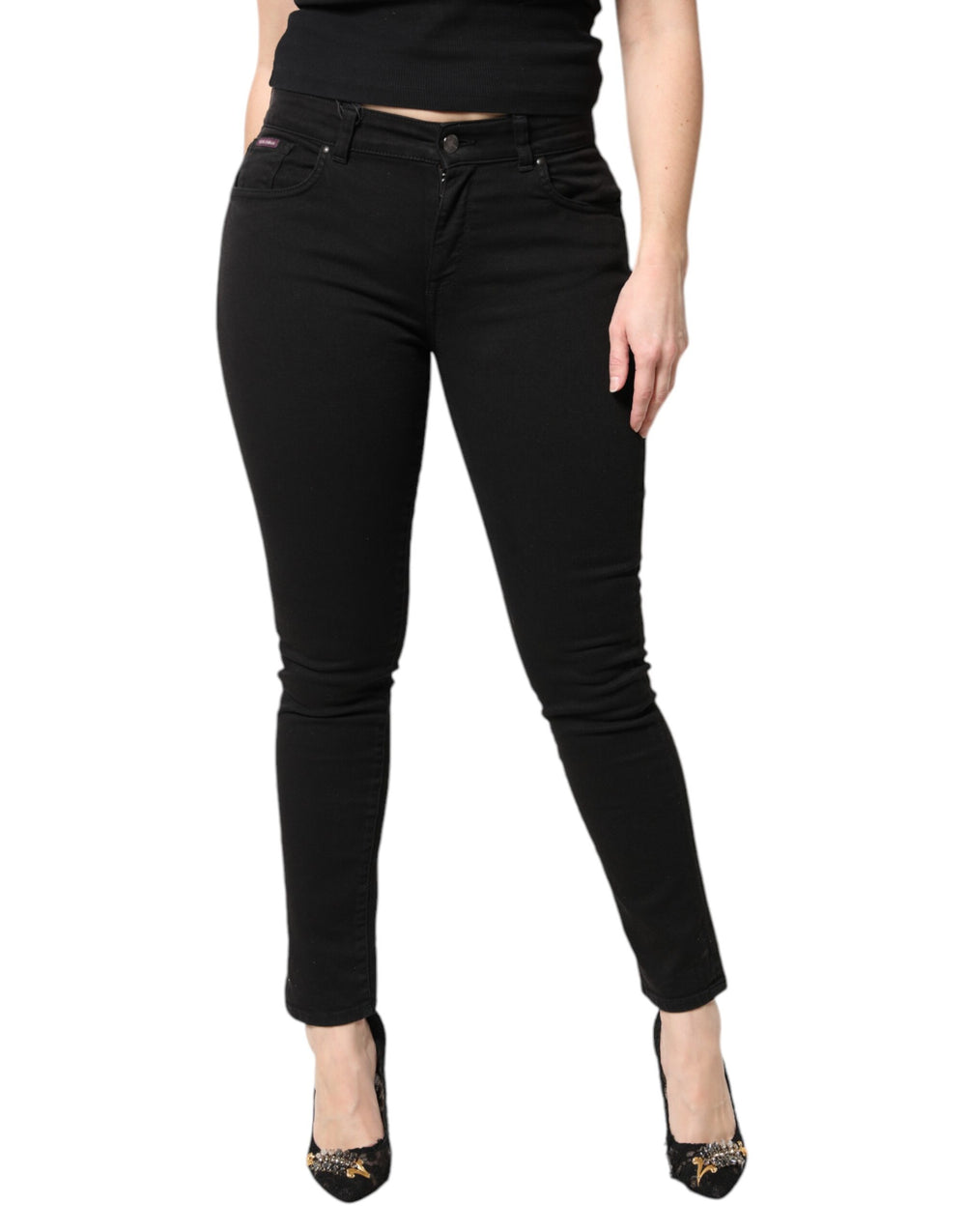 Black Cotton Mid Waisted Skinny Denim Jeans