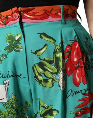 Green Silk Printed Straight Pants