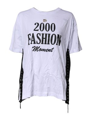 White Print Lace-Up Cotton Crew Neck T-shirt