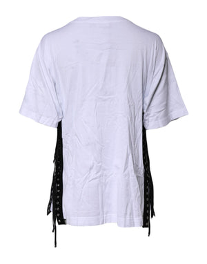 White Print Lace-Up Cotton Crew Neck T-shirt