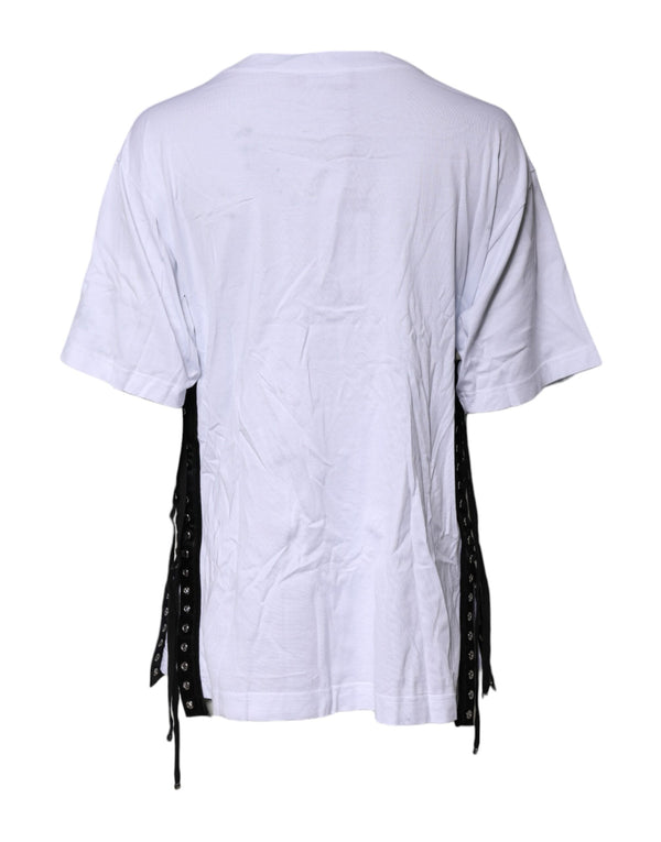 White Print Lace-Up Cotton Crew Neck T-shirt