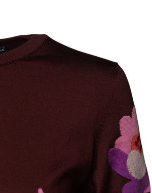 Maroon Floral Silk Crew Neck Blouse Top