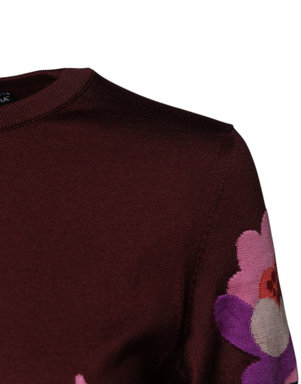 Maroon Floral Silk Crew Neck Blouse Top