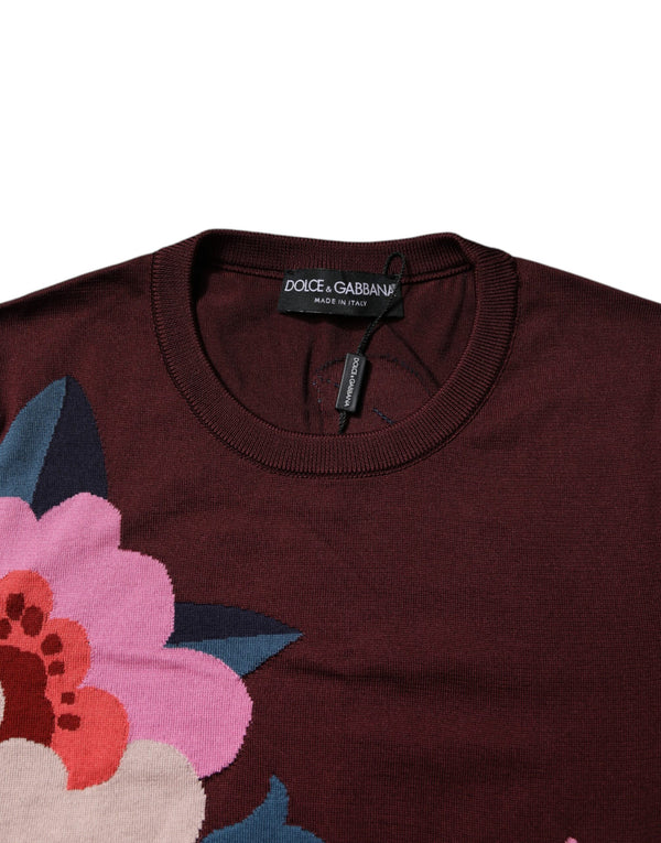 Maroon Floral Silk Crew Neck Blouse Top