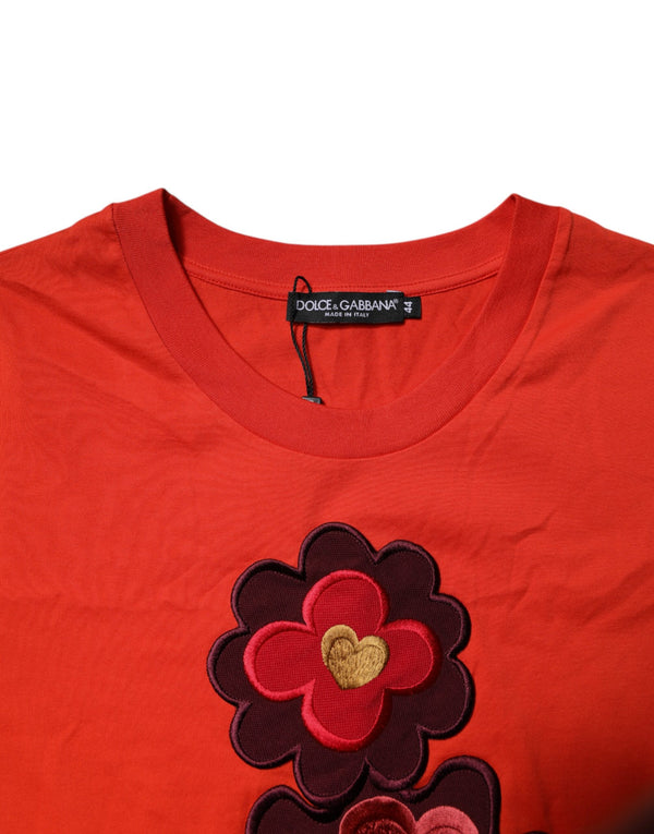 Red Floral Embroidery Cotton Crew Neck T-shirt