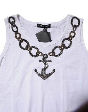 White Cotton Anchor Chain Embroidery Tank Top