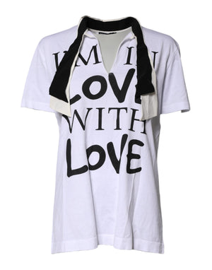 White Cotton Silk Blend Ascot Collar T-shirt